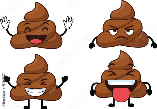 Poop emoji characters set funny cartoon poop mascot expressions happy angry laughing tongue out vector illustration collection isolated