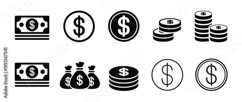 Set of isolated money icons, currency symbols, coins, banknotes, credit cards, wallets, financial transactions, savings, investment, banking, payment, economy, finance, and vector illustration