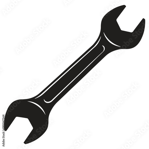 A simple silhouette illustration of a black combination wrench with open and box ends angled diagonally against a white background representing a common tool for mechanical tasks