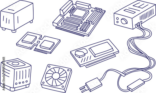 Line of various computer components including motherboard, power supply, and cooling fan line computer components