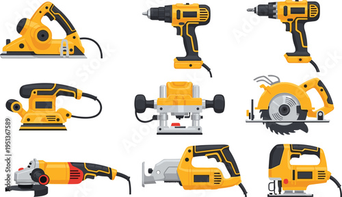 Power tools collection drill circular saw jigsaw router sander grinder electric construction equipment icons professional workshop vector illustration set