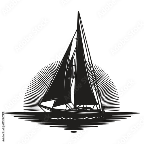 A striking black and white illustration of a classic sailboat with full sails catching the wind while navigating calm waters under a stylized sunburst graphic representing a journey at sea
