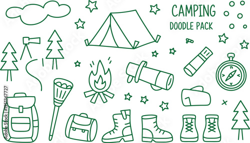 Green doodle of camping gear and nature on white background tent backpack