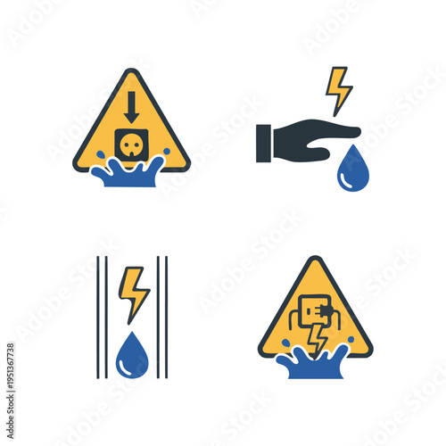 Schilderij op canvas Electrical safety icons set for water and shock risks