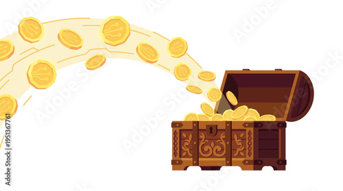 Digital wealth concept with vintage pirate chest and flowing golden blockchain circuit coins
