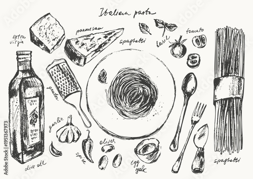 Hand drawn ink Italian pasta sketches set. Spaghetti recipe ingredients. Cheese olives tomato olive oil. For food background. Mediterranean menu.