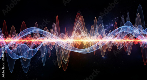 Vibrant sound wave pattern with glowing colorful lines on dark background representing music and technology