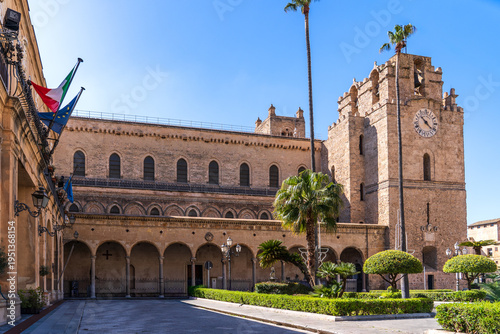 Bild auf Leinwand Side facade of Monreale Cathedral with portico and bell tower, Sicily