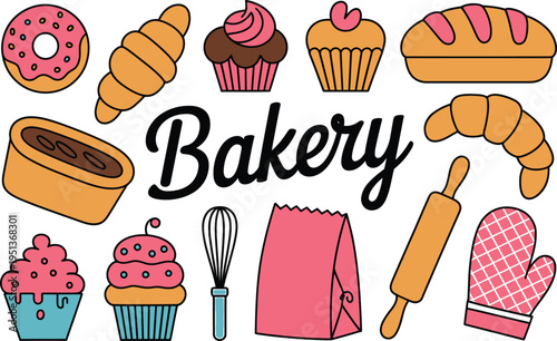 Colorful bakery with pastries, tools, and text cupcakes croissants bread