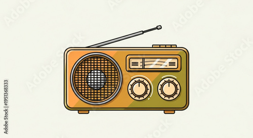 Vintage orange and green retro radio with antenna and dials on cream background