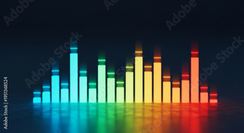 Vibrant multicolored sound wave bars graph with colorful reflections on a dark background representing music and data analysis