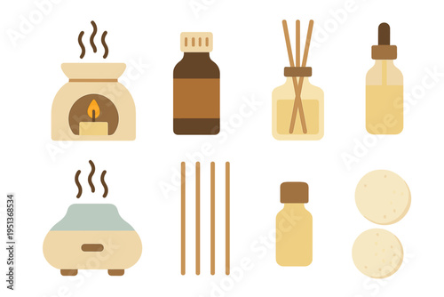 Collection of essential oils, aroma diffusers, and scented sticks at a wellness setting for relaxation and calmness