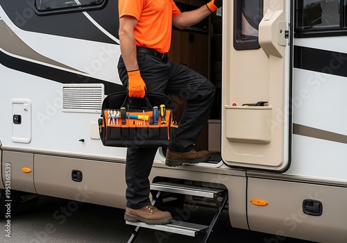 Service Technician Entering an RV with a Tool Bag, Prepared for On-Site Maintenance and Repairs
