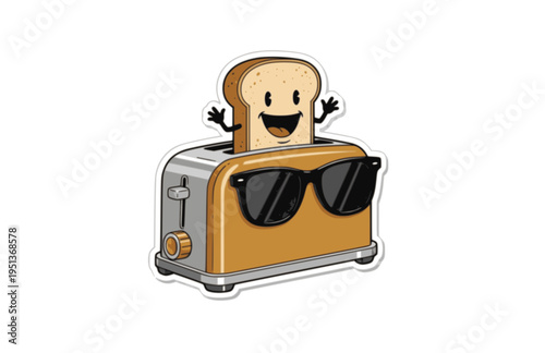 Surreal Toaster with Sunglasses Bread Silhouette, Whimsical Absurdist Vector Sticker, Playful Kitchen Joke Illustration