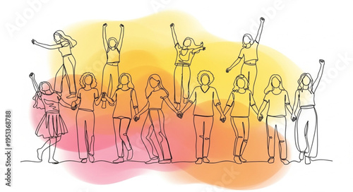 Diverse group of people celebrating together with raised hands.