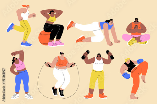 Women Exercising Hand Drawn Flat Illustration Set with Gym Equipment and Workout Activities