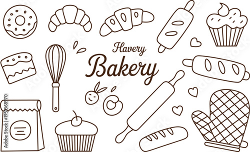 Black and white of various bakery and tools with the text floury bakery doughnut croissant bread