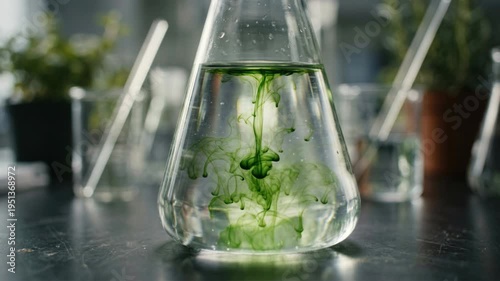 Wallpaper Mural Green plant derived chemistry green chemistry experiment with swirling green liquid in laboratory flask and beaker creating elegant scientific motion Torontodigital.ca