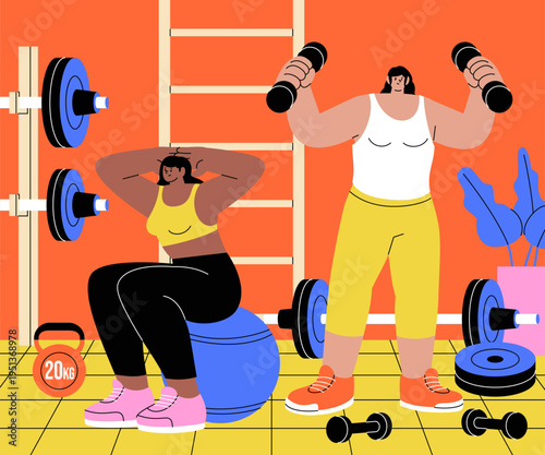Women Exercising Full Gym Composition Hand Drawn Flat Illustration