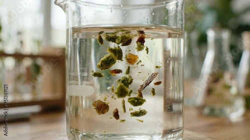 Wallpaper Mural Green plant derived chemistry tea leaves infusion in water creating natural extract and aromatic botanical fragments suspended in clear solvent Torontodigital.ca