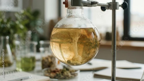 Wallpaper Mural Plant derived chemistry green chemistry plant extract laboratory glass flask swirling botanical herbal extract laboratory stand with natural light Torontodigital.ca
