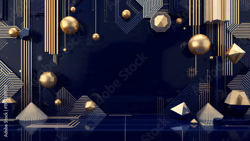 Luxurious dark blue background with abstract geometric forms, golden spheres, and intricate linear patterns, creating a sophisticated and futuristic digital display concept