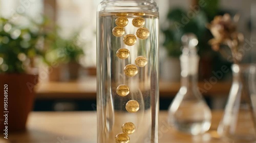 Wallpaper Mural Plant derived chemistry green chemistry glass column with suspended golden droplets laboratory tube and floating golden oil droplets evoking natural Torontodigital.ca