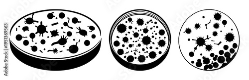 Petri dish set with solid black silhouette and clean circular edges featuring bacteria cultures, microbiology icon, vector graphic with white background and simple design