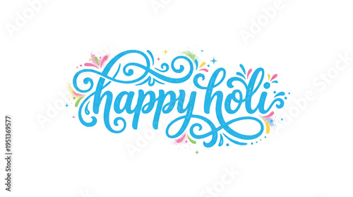 Colorful graphic illustration of Happy Holi text in purple and pink hues on white background with bold font and neon effect