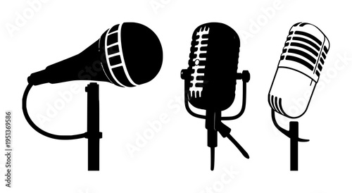 Retro vintage microphone vector set with black silhouette on white background featuring microphone, vintage, silhouette with music and studio