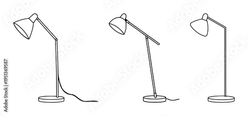Designer task lamp set with minimalist line art design featuring interior office design, thin consistent stroke, white background with illustration and vector graphics