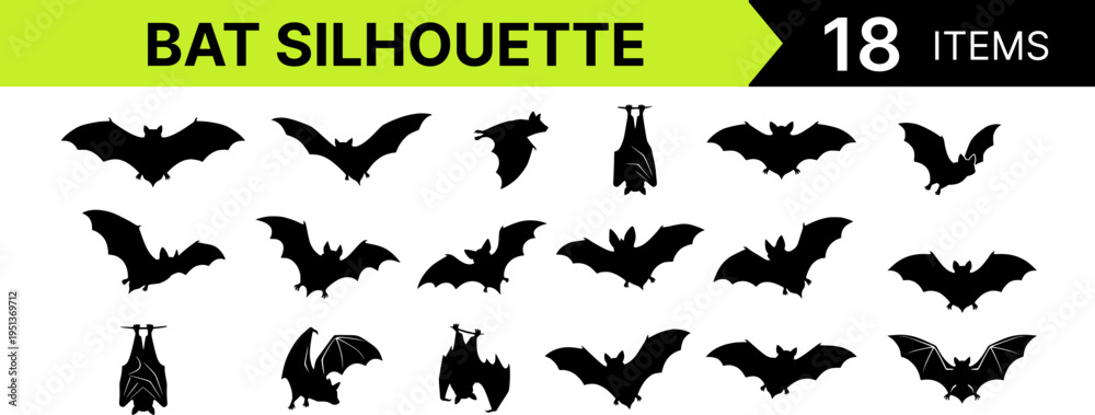 Fototapeta premium Bat silhouette isolated on white background, flying bat wings spread, nocturnal animal shape, halloween clipart, wildlife black silhouette illustration