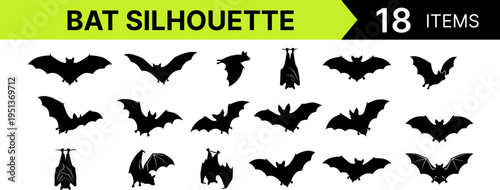 Bat silhouette isolated on white background, flying bat wings spread, nocturnal animal shape, halloween clipart, wildlife black silhouette illustration