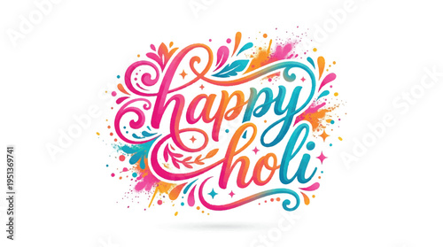 Colorful graphic illustration of Happy Holi text in purple and pink hues on white background with bold font and neon effect