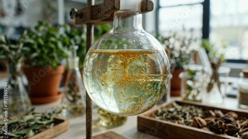 Wallpaper Mural Plant derived chemistry green chemistry laboratory flask botanical extract golden droplets suspended clear glass flask evoking natural innovation Torontodigital.ca