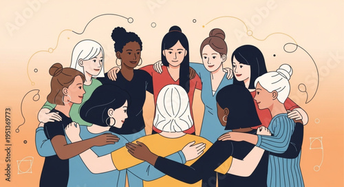 Diverse group of women embracing each other in a circle showing support and unity.