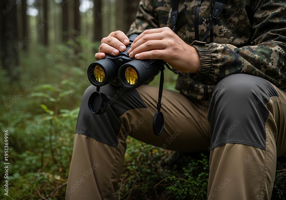 Fototapeta premium Hands holding powerful binoculars, poised for observation amidst the tranquil beauty of a dense forest
