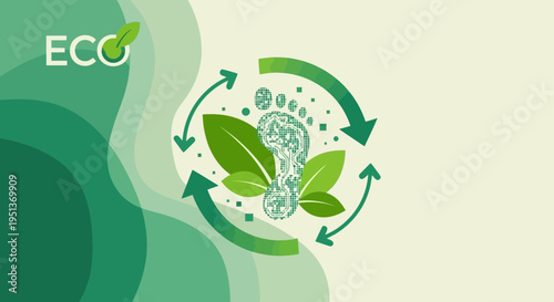 Eco footprint concept with recycling arrows and green leaves.