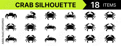 Crab silhouette isolated on white background, marine animal with claws, ocean wildlife shape, seafood design element, black silhouette illustration
