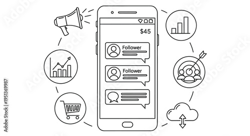 Mobile phone displaying social media and marketing icons in a linear style