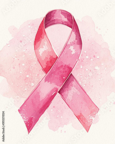 Pink breast cancer awareness ribbon on watercolor background
