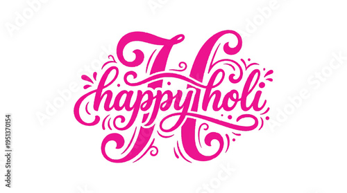 Colorful graphic illustration of Happy Holi text in purple and pink hues on white background with bold font and neon effect