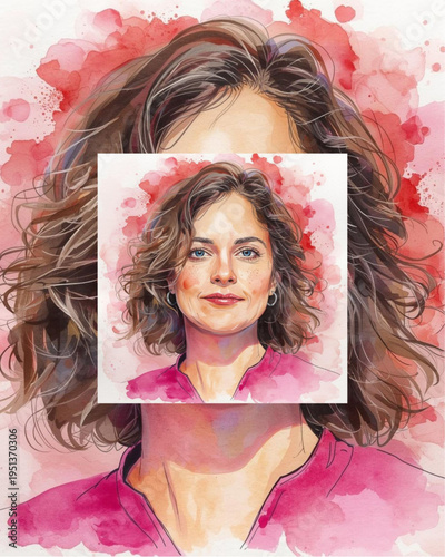 Woman with double portrait watercolor illustration pink background