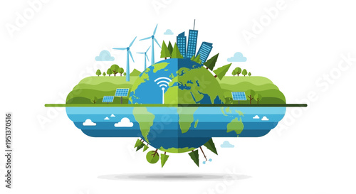 Eco friendly smart city on planet earth with wind turbines.