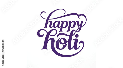 Colorful graphic illustration of Happy Holi text in purple and pink hues on white background with bold font and neon effect