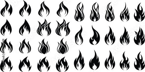 Collection of stylized flame icons in black and white silhouette form