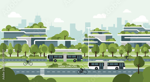 Ecofriendly city with green buildings and sustainable transport.