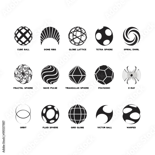 Football Ball Design Variants Set — 12 Black-and-White Soccer Ball Patterns & Styles
