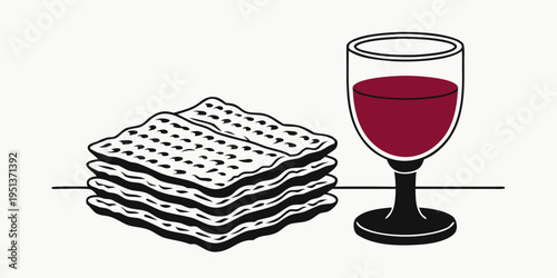  Minimalist vector line art illustration of unleavened bread and a chalice of red wine representing the Holy Communion, Last Supper, and Passover.