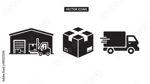 Vector icons of warehouse, package delivery and moving truck for logistics concepts